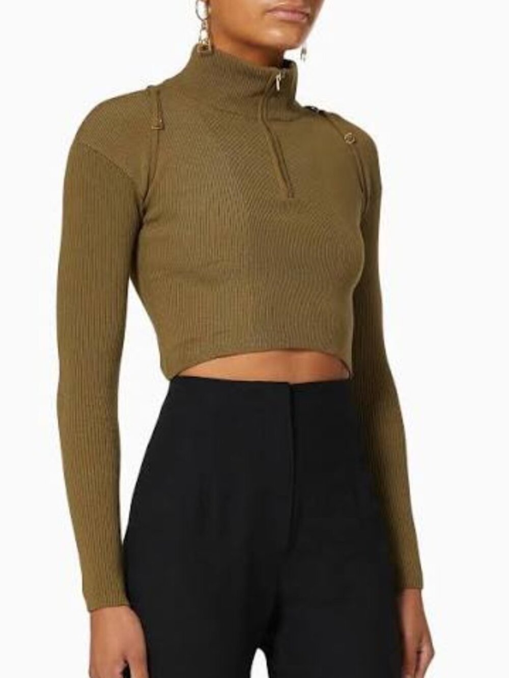 Jacquemus Bormio Half Zip Crop Sweater, size 34/XS-Olive Green, GUC